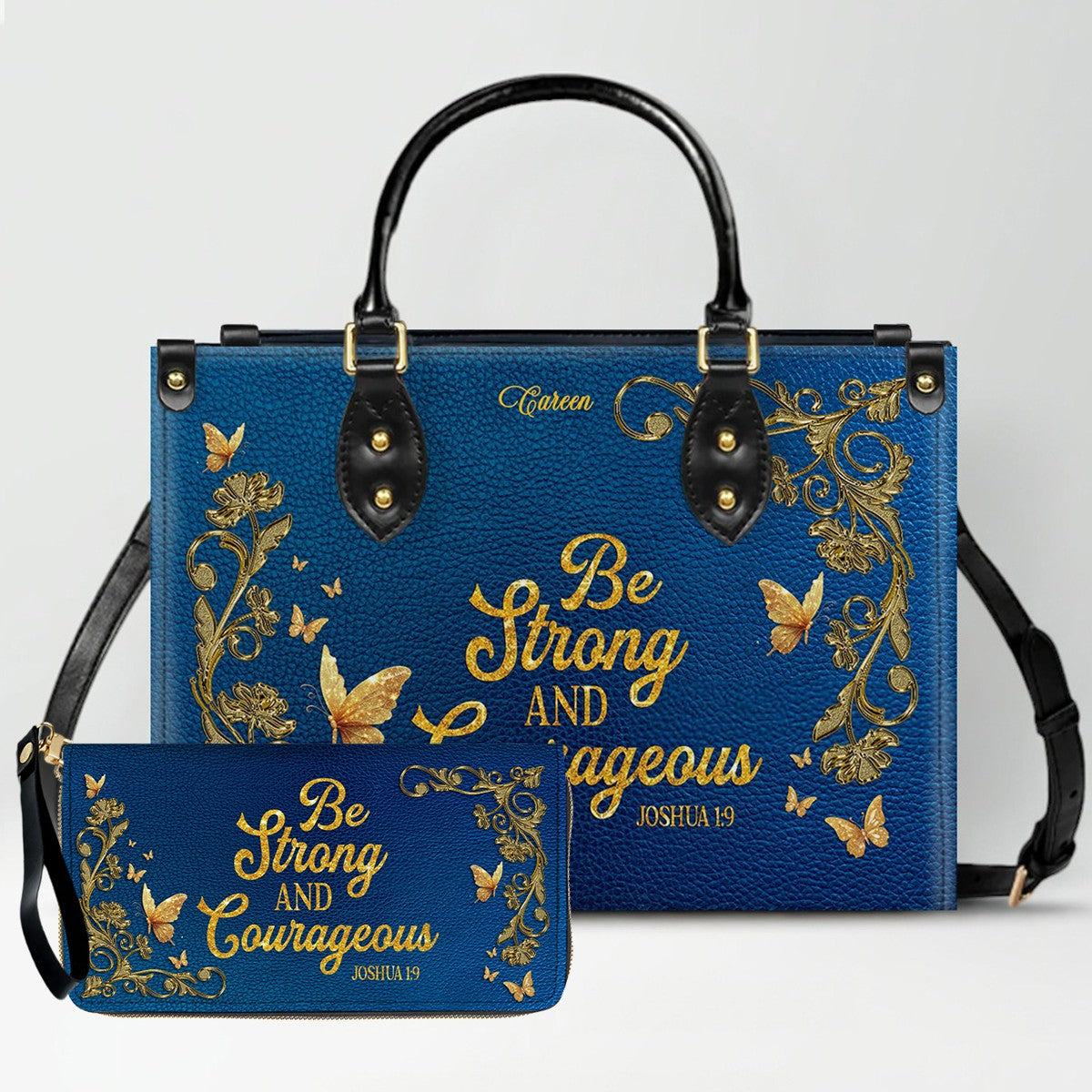 Personalized Christian Leather Handbag – Gold Navy Bible Verse Tote for Women | CHRISTIANARTBAG CAB01122525