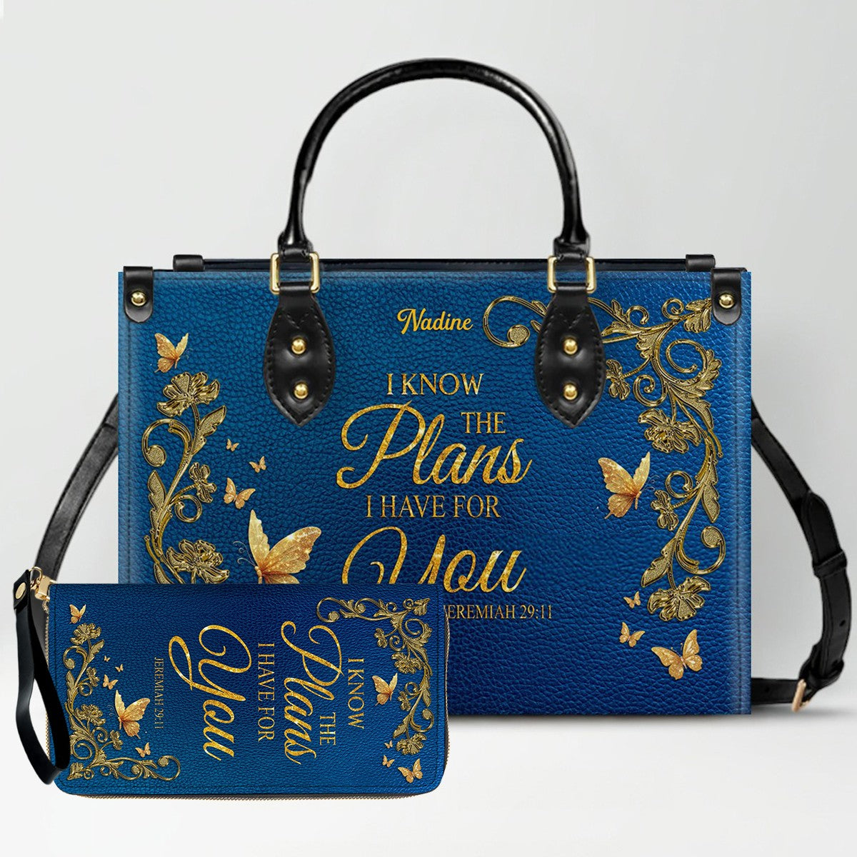Personalized Christian Leather Handbag – Gold Navy Bible Verse Tote for Women | CHRISTIANARTBAG CAB01122525
