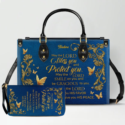 Personalized Christian Leather Handbag – Gold Navy Bible Verse Tote for Women | CHRISTIANARTBAG CAB01122525