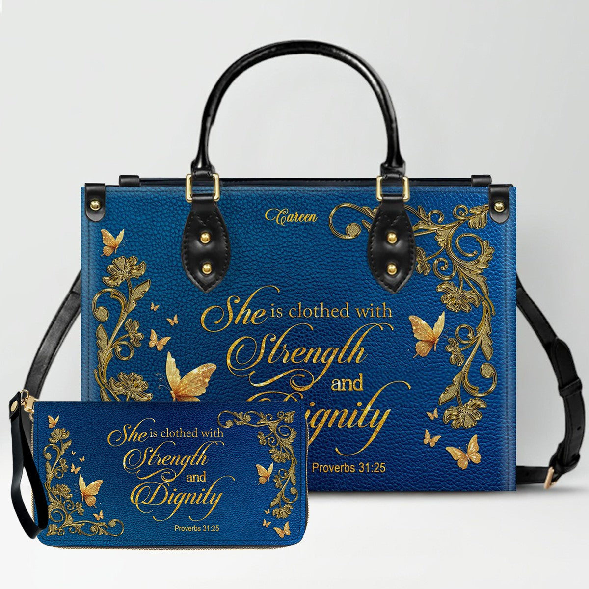 Personalized Christian Leather Handbag – Gold Navy Bible Verse Tote for Women | CHRISTIANARTBAG CAB01122525