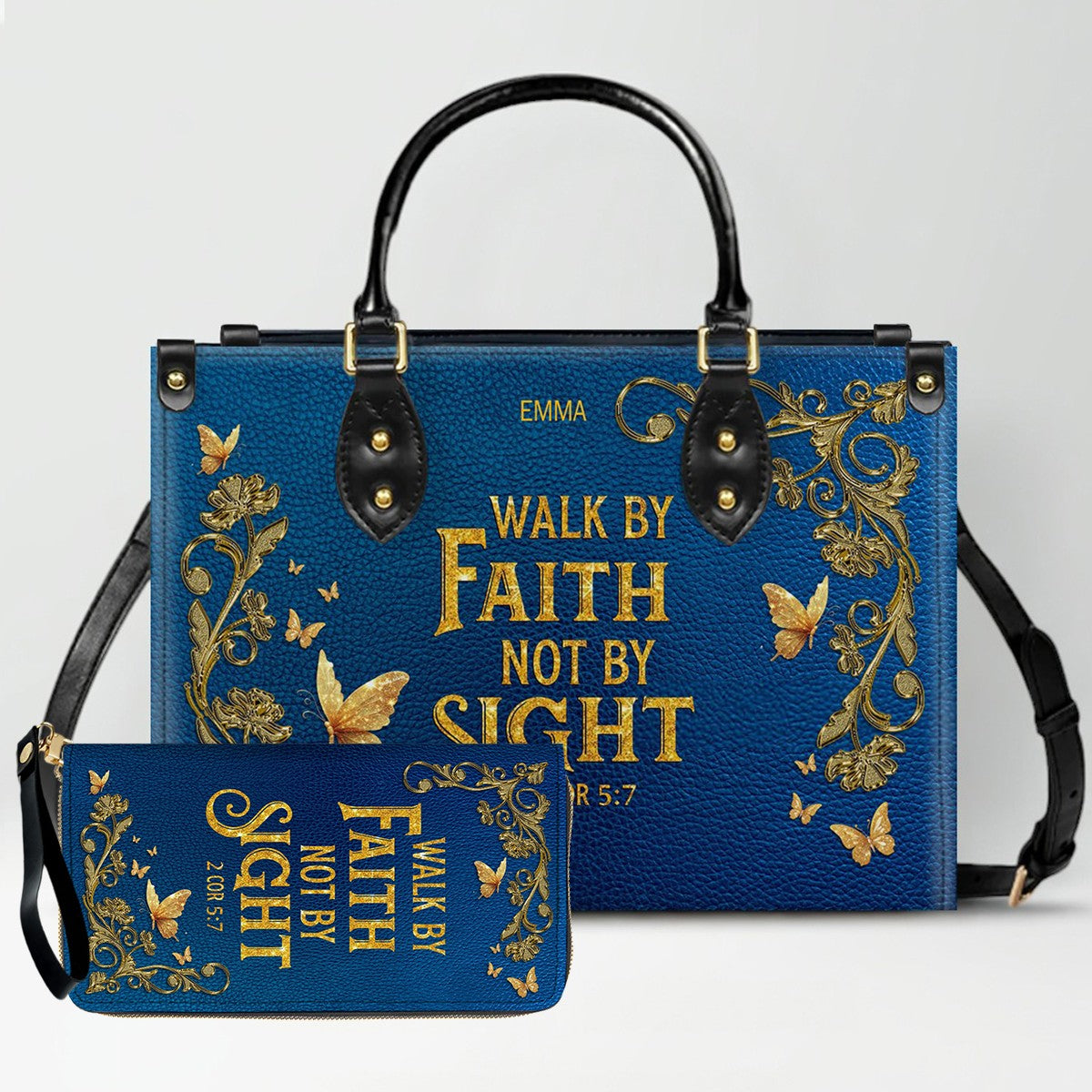 Personalized Christian Leather Handbag – Gold Navy Bible Verse Tote for Women | CHRISTIANARTBAG CAB01122525