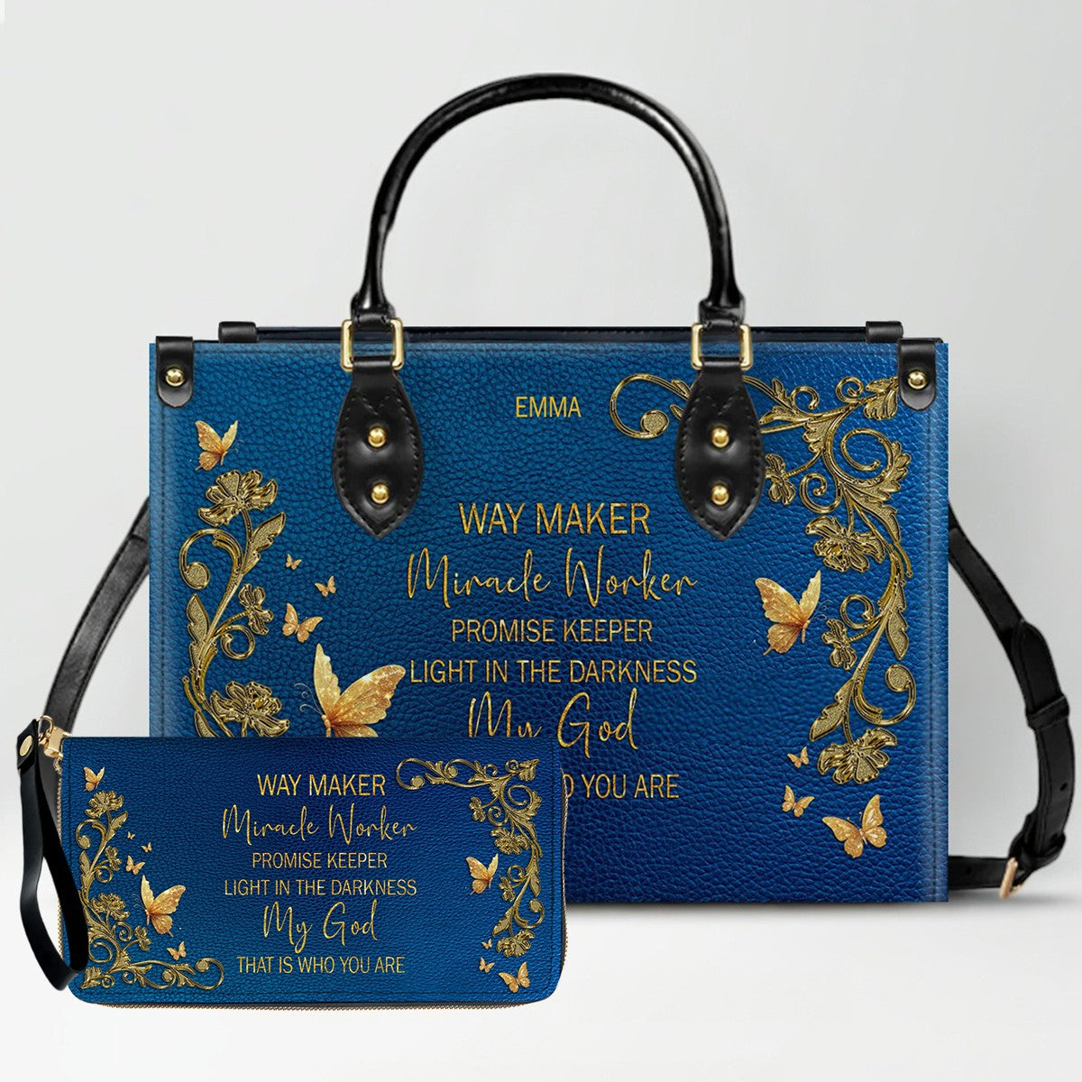 Personalized Christian Leather Handbag – Gold Navy Bible Verse Tote for Women | CHRISTIANARTBAG CAB01122525