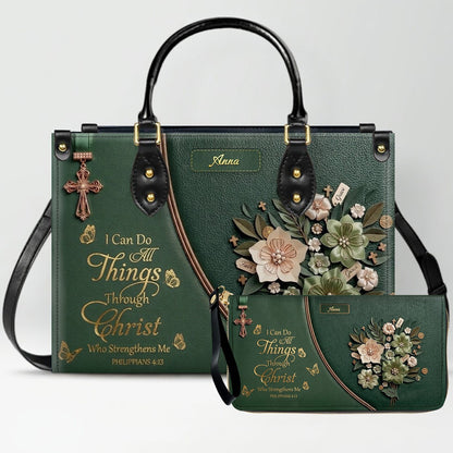 Custom Name Christian Leather Handbag by CHRISTIANARTBAG | I Can Do All Things Shoulder Bag Deep Forest Green, Religious Floral Gift for Her CAB01070226
