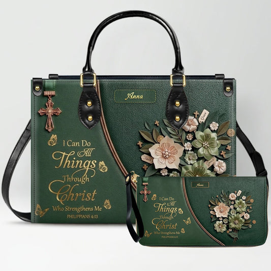 Custom Name Christian Leather Handbag by CHRISTIANARTBAG | I Can Do All Things Shoulder Bag Deep Forest Green, Religious Floral Gift for Her CAB02072426