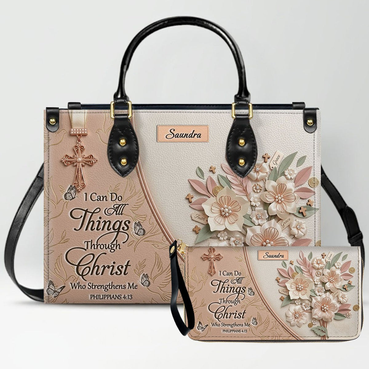 Custom Name Christian Leather Handbag by CHRISTIANARTBAG | I Can Do All Things Shoulder Bag Deep Forest Green, Religious Floral Gift for Her CAB01070226