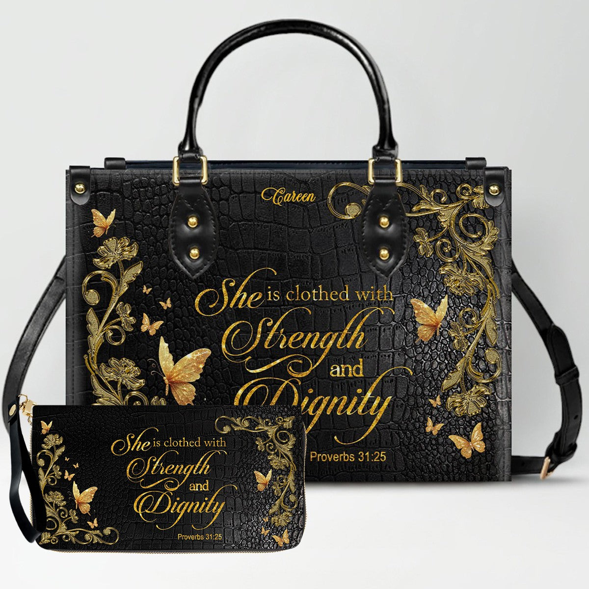 Personalized Leather Handbag with Custom Name & Bible Verse - Personalized Christian Leather Handbag & Wallet Set | CHRISTIANARTBAG™ CAB01101326
