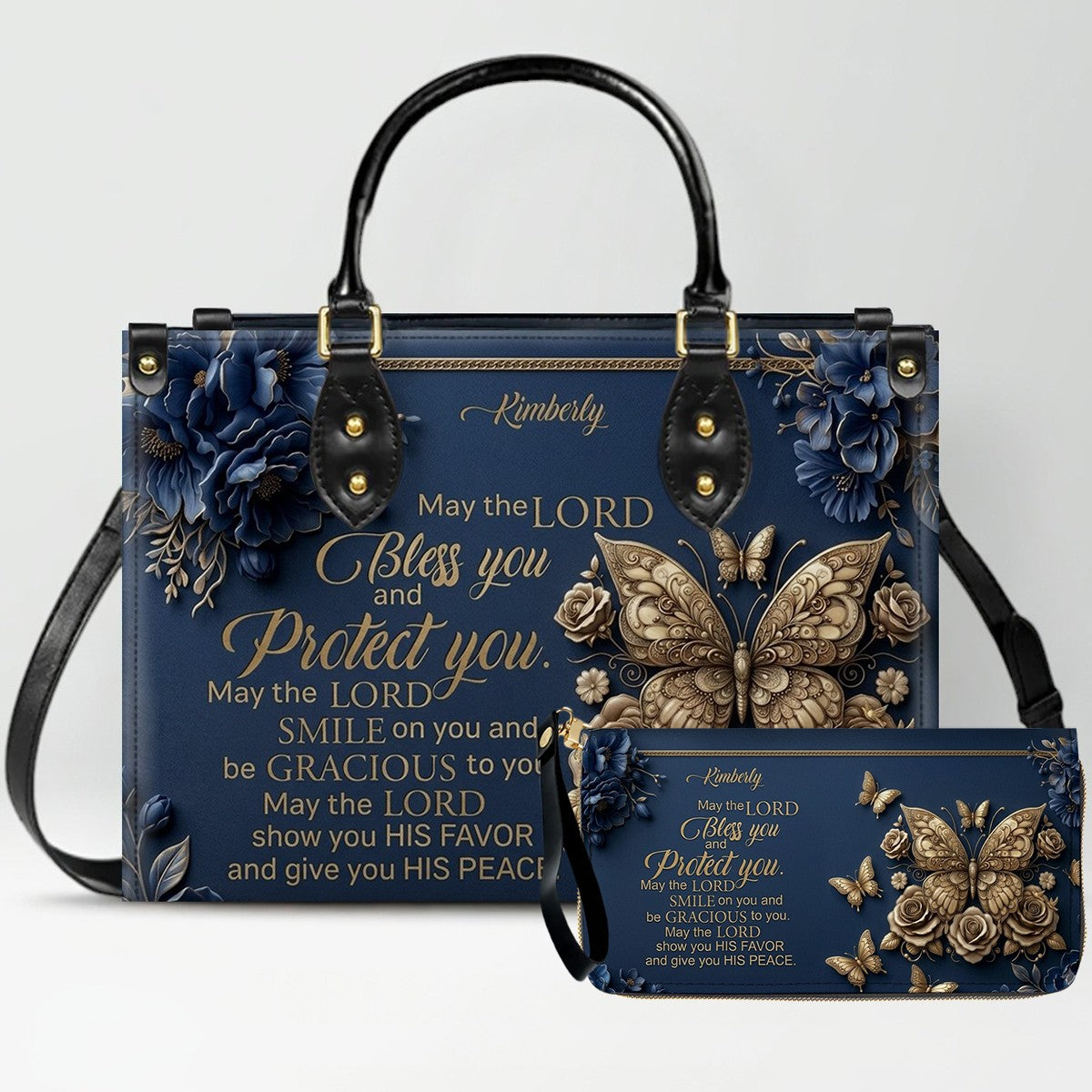 CHRISTIANARTBAG Personalized Leather Handbag, Custom Name & Color, "May The Lord Bless You" Butterfly & Floral Design, Luxury Christian Tote Bag CAB01072226