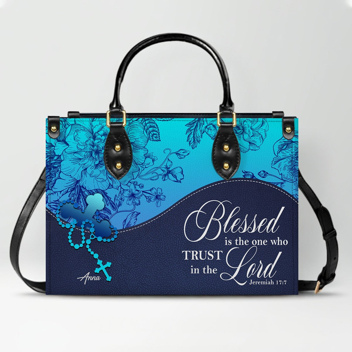Sapphire Blue Personalized Leather Handbag – Christian Handbag with Bible Verses | Elegant Faith-Inspired Tote