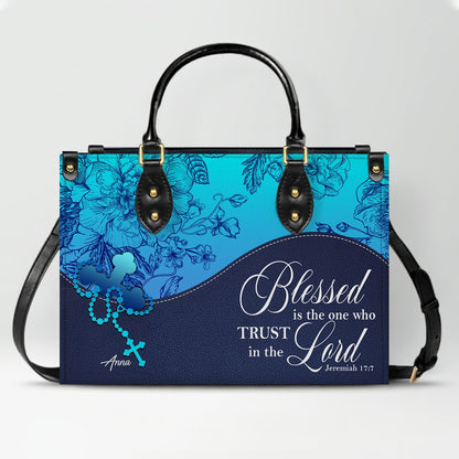 Sapphire Blue Personalized Leather Handbag – Christian Handbag with Bible Verses | Elegant Faith-Inspired Tote