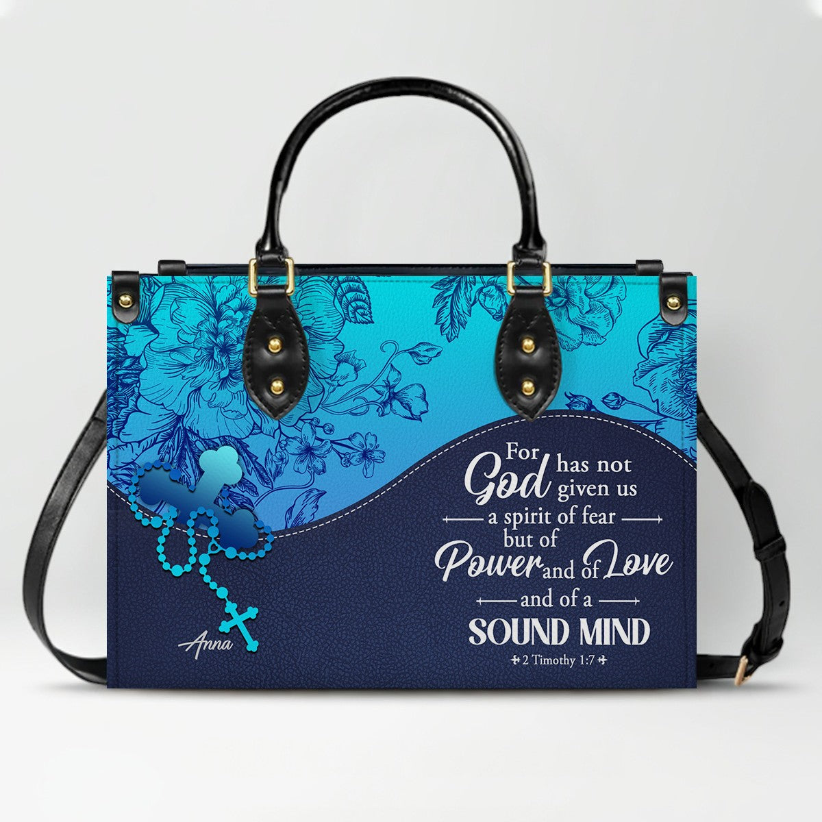 Sapphire Blue Personalized Leather Handbag – Christian Handbag with Bible Verses | Elegant Faith-Inspired Tote