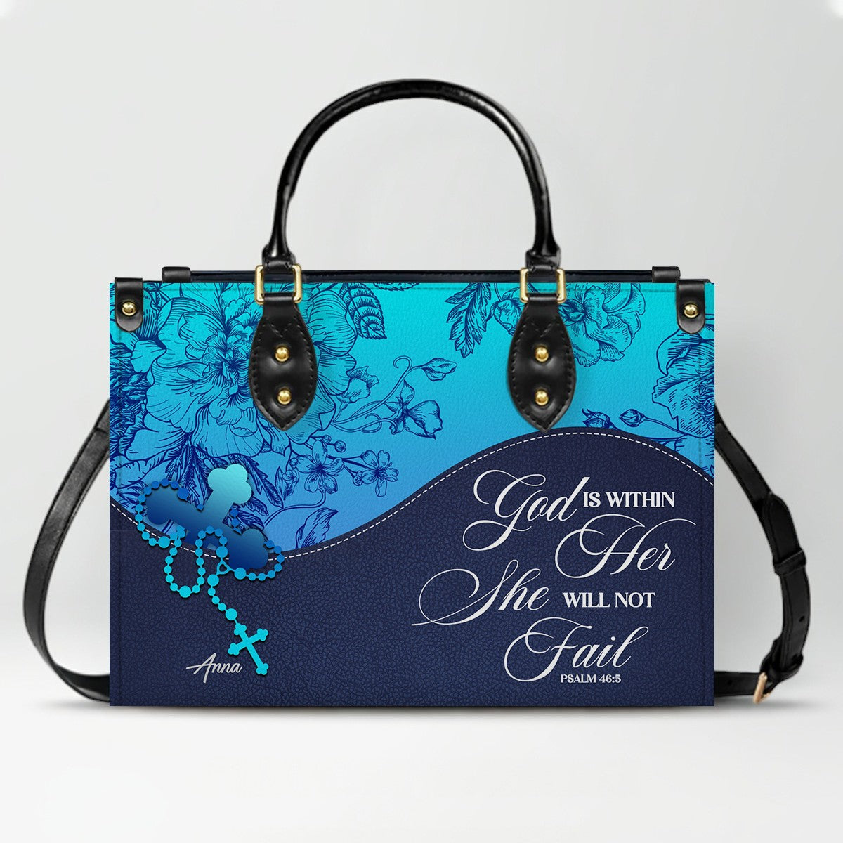 Sapphire Blue Personalized Leather Handbag – Christian Handbag with Bible Verses | Elegant Faith-Inspired Tote