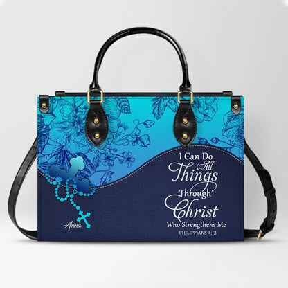 Sapphire Blue Personalized Leather Handbag – Christian Handbag with Bible Verses | Elegant Faith-Inspired Tote