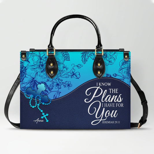 Sapphire Blue Personalized Leather Handbag – Christian Handbag with Bible Verses | Elegant Faith-Inspired Tote