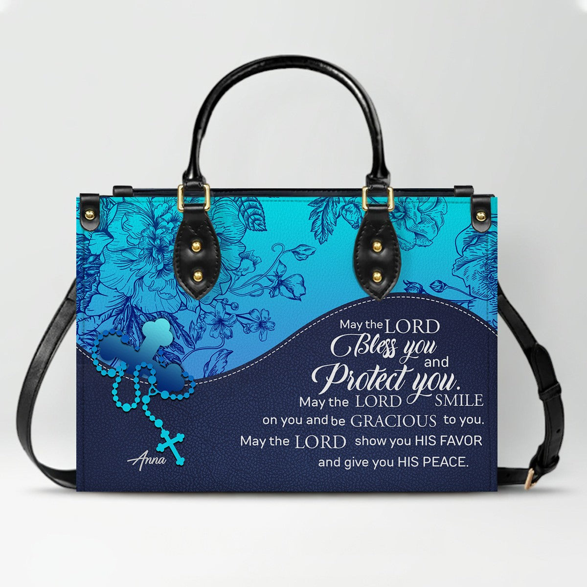 Sapphire Blue Personalized Leather Handbag – Christian Handbag with Bible Verses | Elegant Faith-Inspired Tote