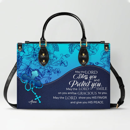 Sapphire Blue Personalized Leather Handbag – Christian Handbag with Bible Verses | Elegant Faith-Inspired Tote