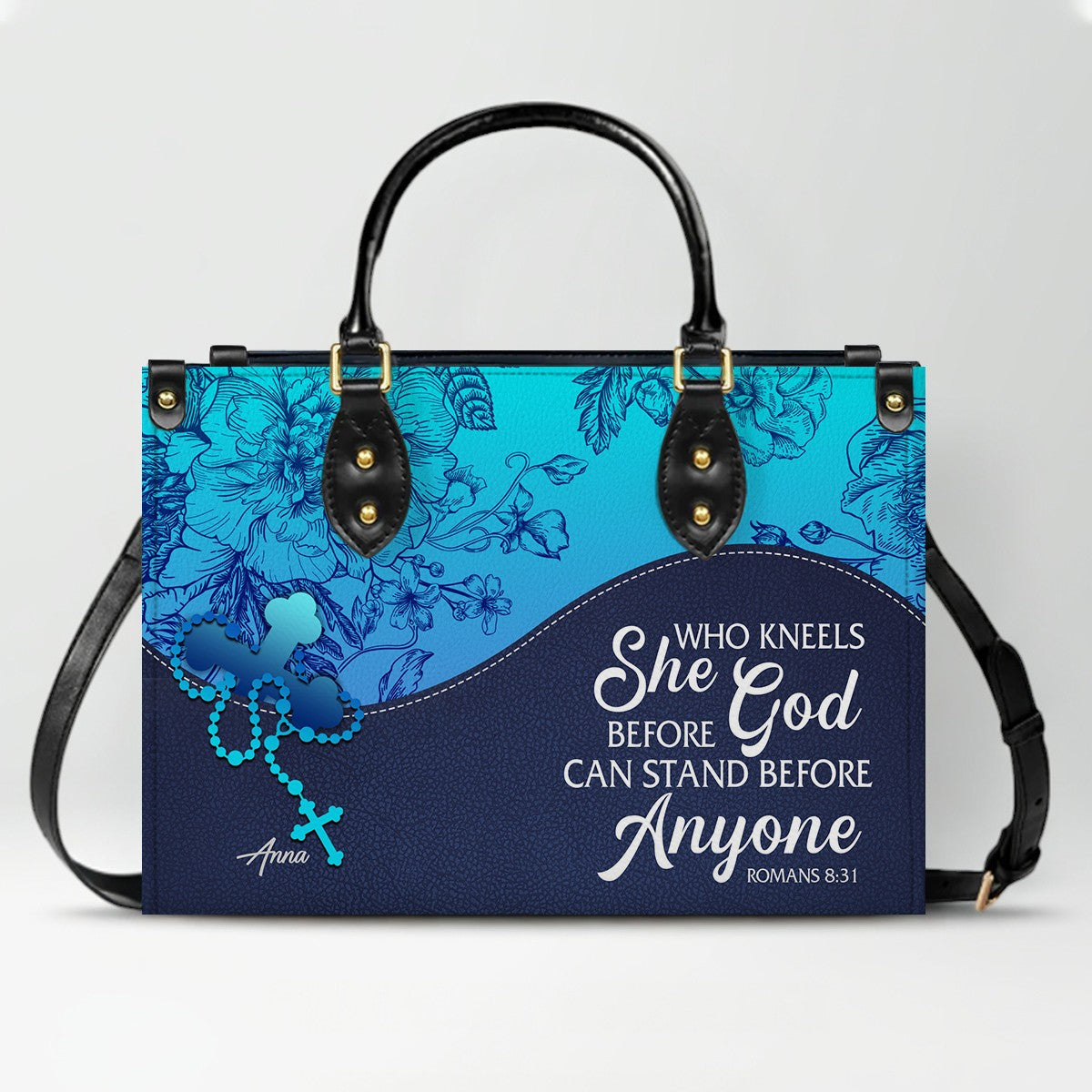 Sapphire Blue Personalized Leather Handbag – Christian Handbag with Bible Verses | Elegant Faith-Inspired Tote