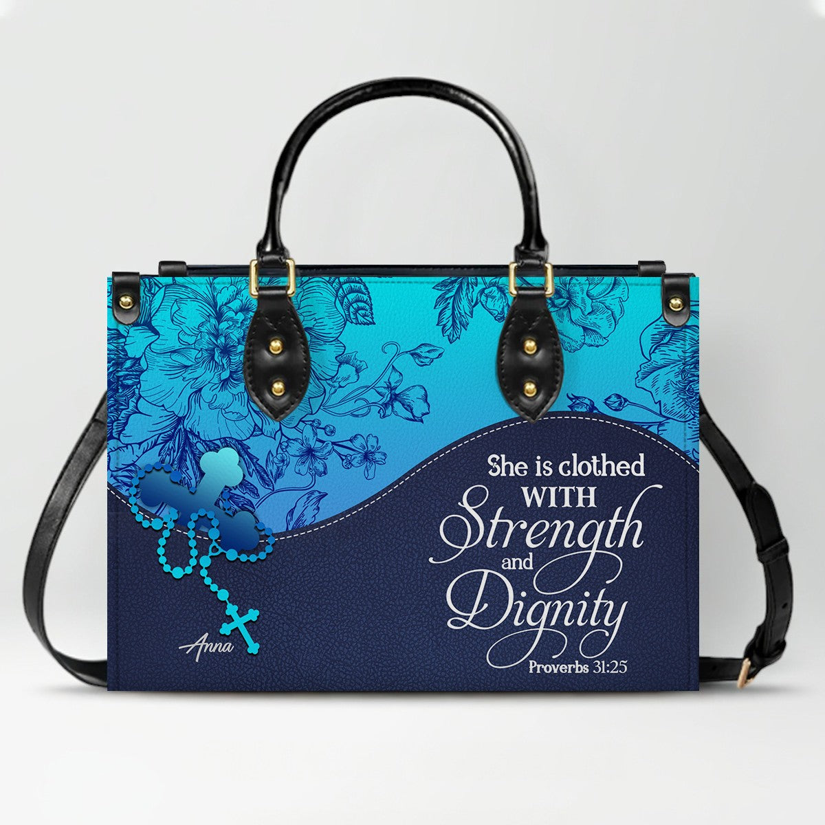 Sapphire Blue Personalized Leather Handbag – Christian Handbag with Bible Verses | Elegant Faith-Inspired Tote