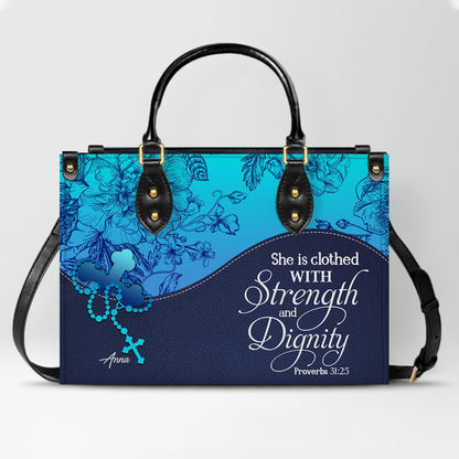 Sapphire Blue Personalized Leather Handbag – Christian Handbag with Bible Verses | Elegant Faith-Inspired Tote