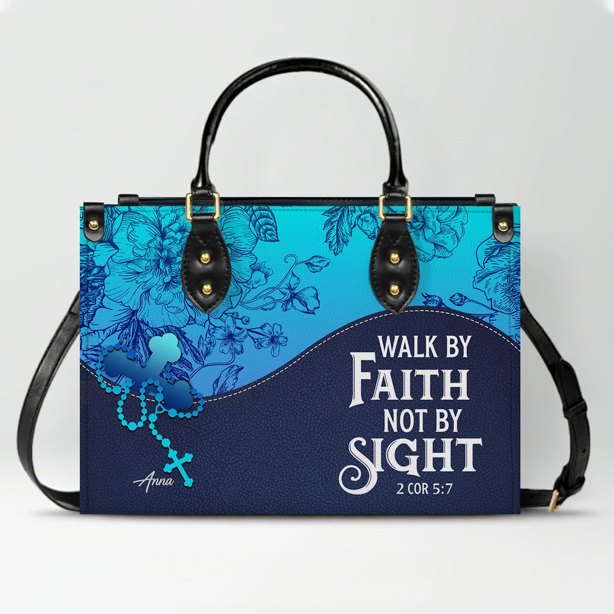 Sapphire Blue Personalized Leather Handbag – Christian Handbag with Bible Verses | Elegant Faith-Inspired Tote