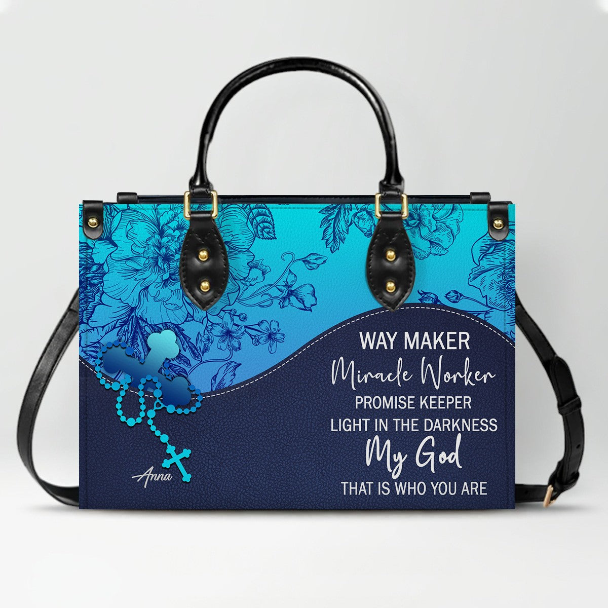 Sapphire Blue Personalized Leather Handbag – Christian Handbag with Bible Verses | Elegant Faith-Inspired Tote