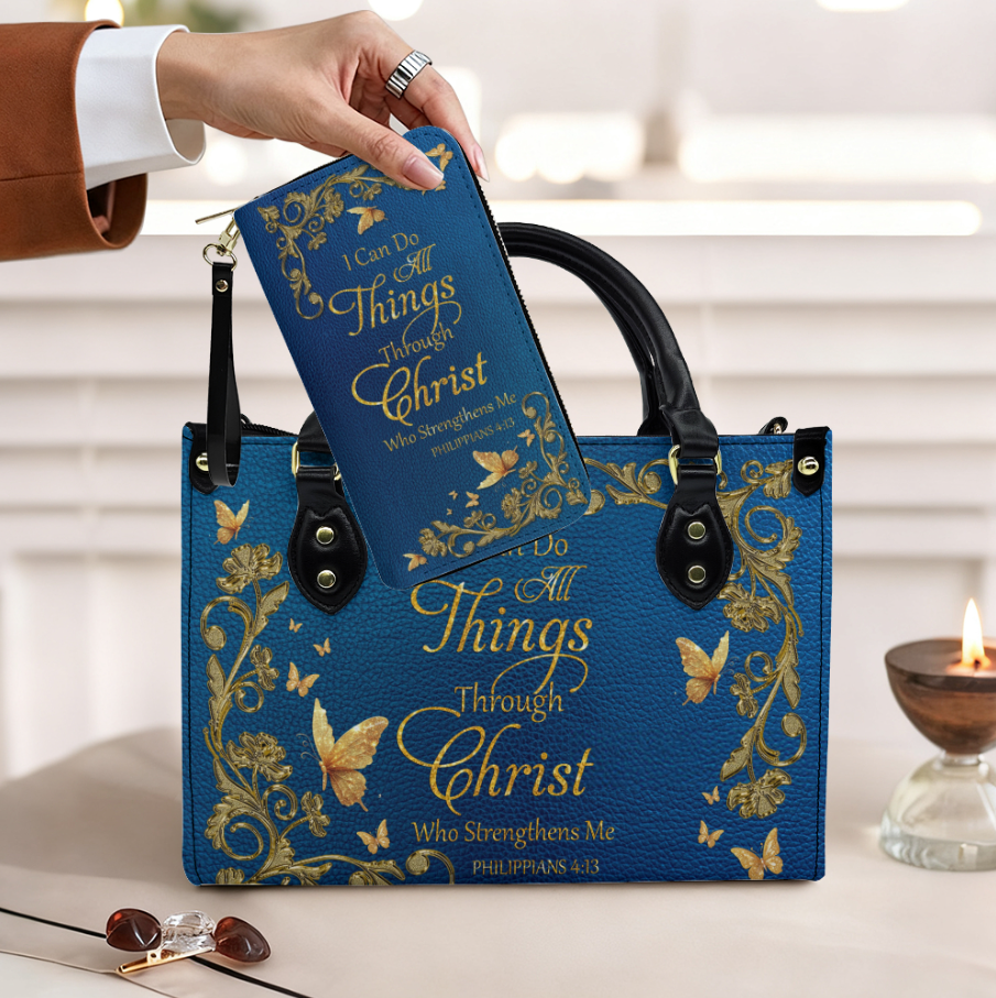 Personalized Christian Leather Handbag – Gold Navy Bible Verse Tote for Women | CHRISTIANARTBAG CAB01122525