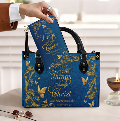 Personalized Christian Leather Handbag – Gold Navy Bible Verse Tote for Women | CHRISTIANARTBAG CAB01122525