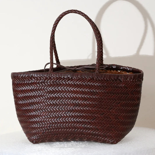 CHRISTIANARTBAG Genuine Leather Woven Tote Bag – Handcrafted Vintage Cowhide Shoulder Purse for Women, Large Capacity Artisan Basket Bag