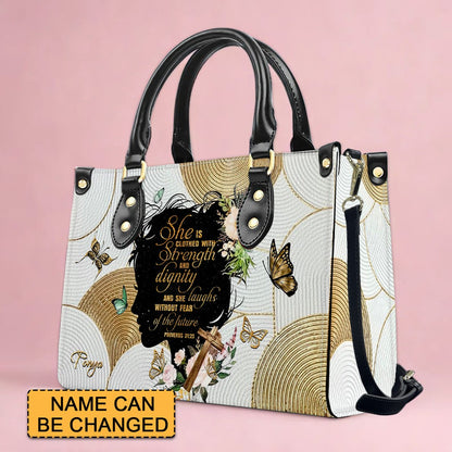 Personalized Christian Handbag – Proverbs 31:25 “Clothed in Strength and Dignity” – Custom Name Faith Tote Bag for Women