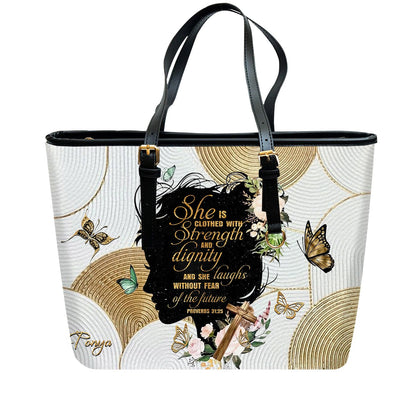 Personalized Christian Handbag – Proverbs 31:25 “Clothed in Strength and Dignity” – Custom Name Faith Tote Bag for Women
