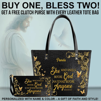 She Who Kneels Before GOD - Custom Bible Verses Name & Color - Personalized Christian Leather Tote – Free Clutch Purse Gift | CHRISTIANARTBAG