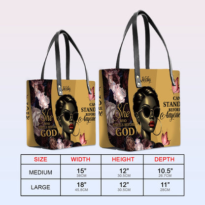 Personalized Leather Tote Bag with Bible Verses – She Who Kneels Before God Can Stand Before Anyone - Elegant & Empowering | CHRISTIANARTBAG Leather TOTE Bag