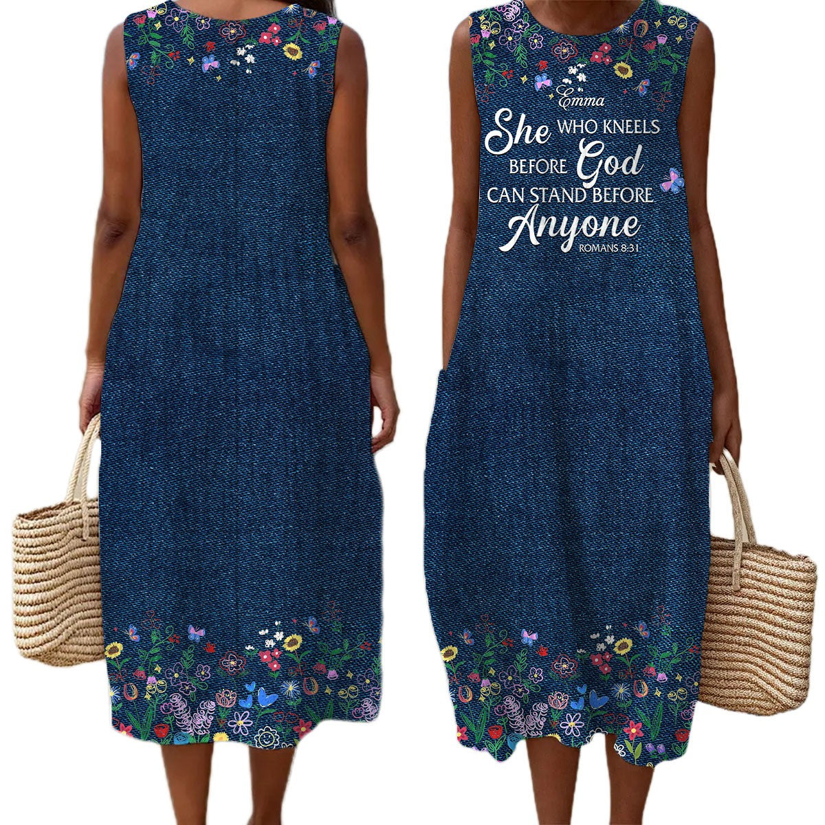 Christian Faith Dress for Women – “God Says I Am” Denim Print Maxi Dress with Bible Verses | Inspirational Religious Summer Dress