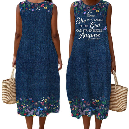 Christian Faith Dress for Women – “God Says I Am” Denim Print Maxi Dress with Bible Verses | Inspirational Religious Summer Dress
