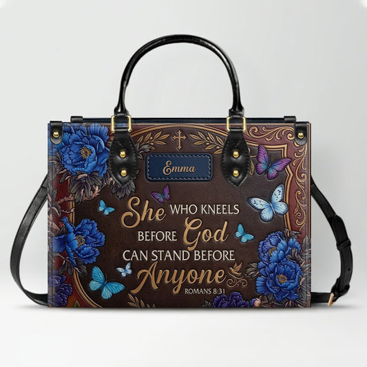 Personalized "She Who Kneels Before God" Leather Handbag - Custom Name Christian Faith Bag - CAB01070826