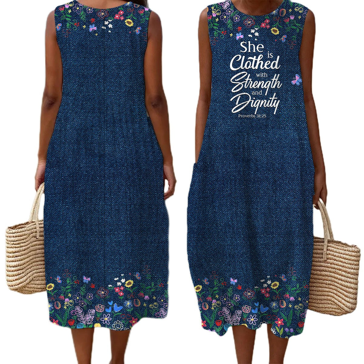 Christian Faith Dress for Women – “God Says I Am” Denim Print Maxi Dress with Bible Verses | Inspirational Religious Summer Dress