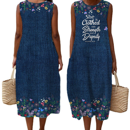 Christian Faith Dress for Women – “God Says I Am” Denim Print Maxi Dress with Bible Verses | Inspirational Religious Summer Dress