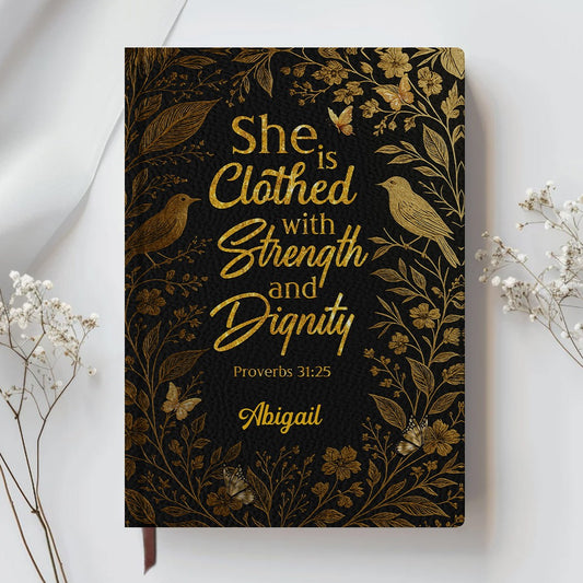 Personalized Bible Verse Journal – Custom Name & Scripture – Strength and Faith Leather Notebook for Women