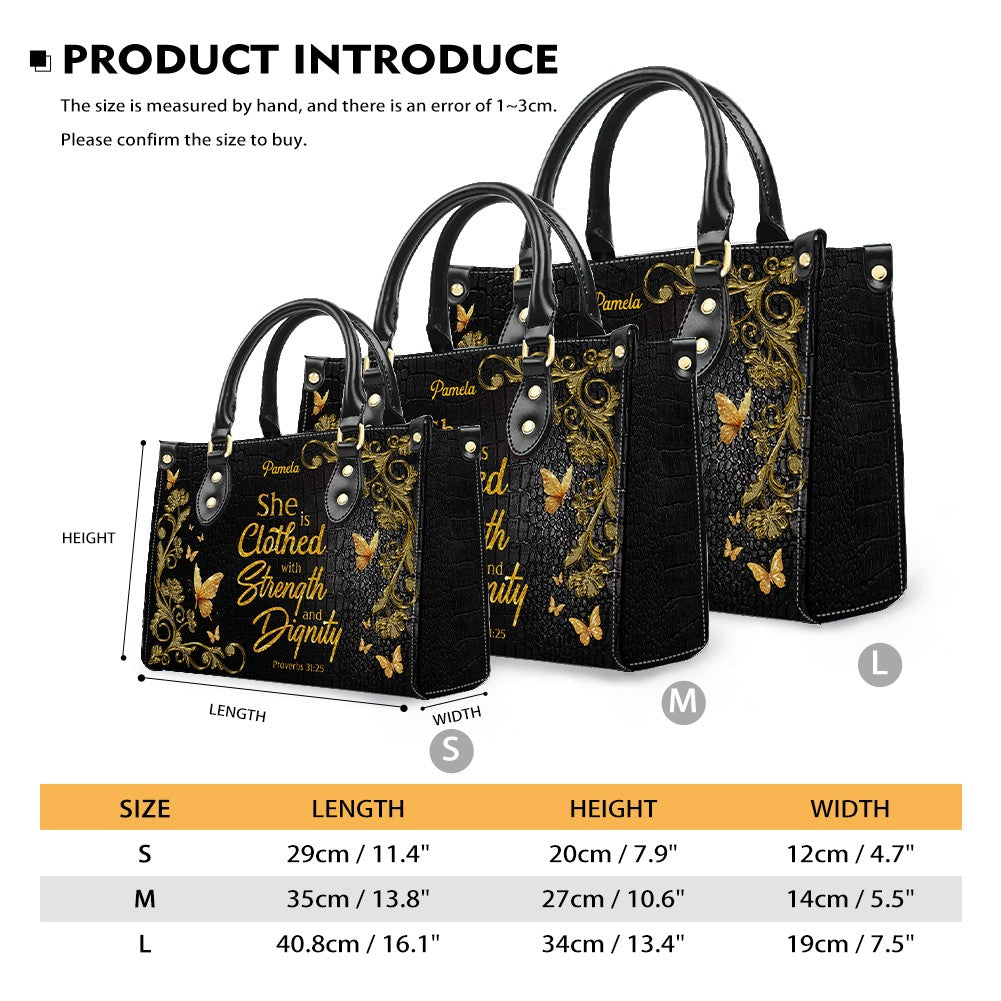 Personalized Leather Handbag – Blessed Mom – She is clothed with strength and dignity – Proverbs 31:25 | CHRISTIANARTBAG