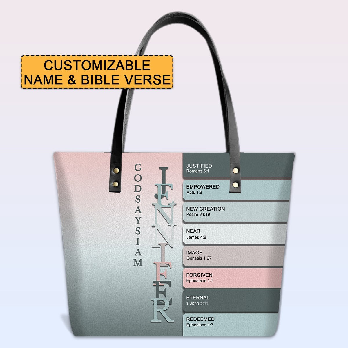 Personalized Leather Tote Bag with Bible Verses – Uncover the sacred meaning of your name – Custom Faith-Inspired Handbag Gradient Color | CHRISTIANARTBAG Leather TOTE Bag