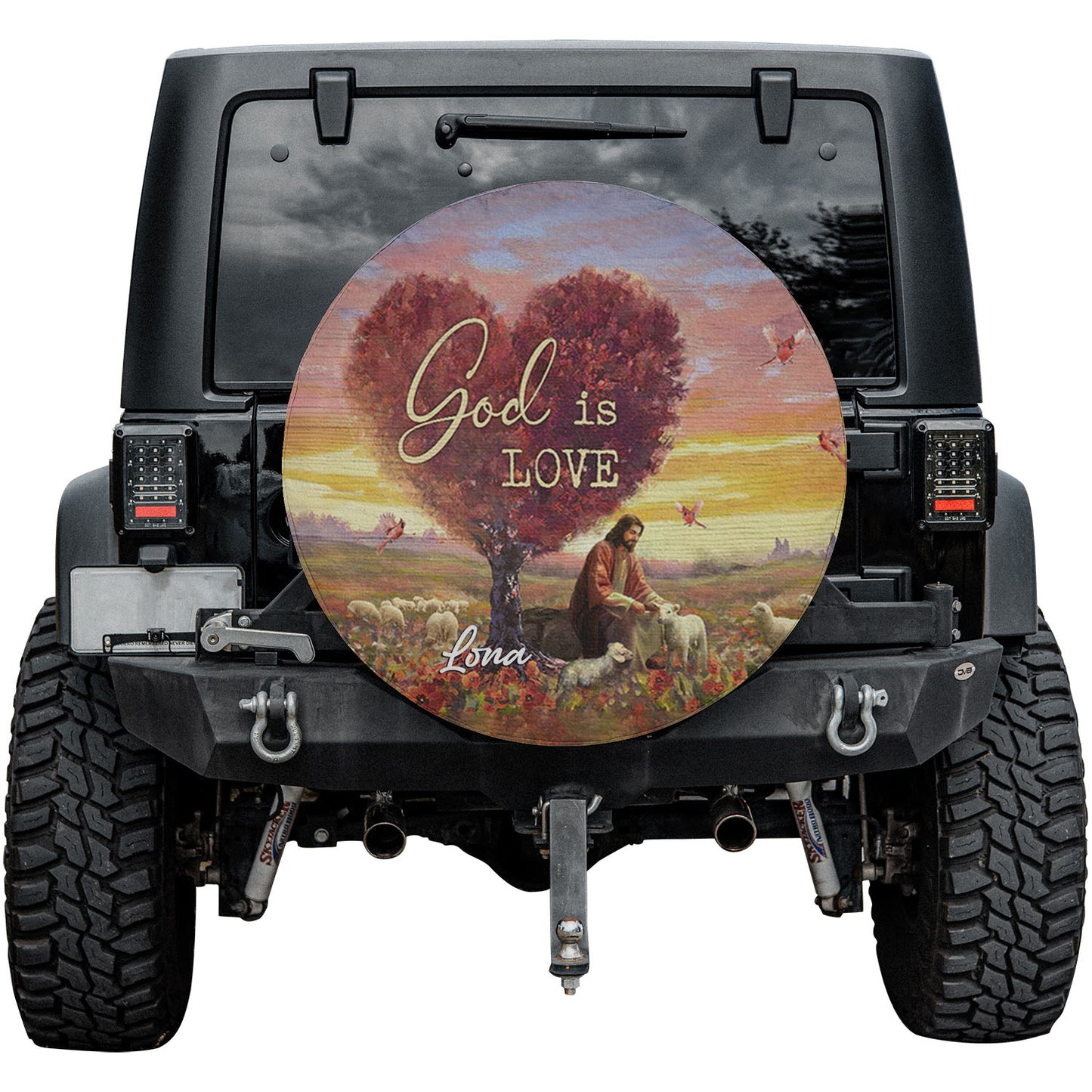 Divine Embrace Custom Spare Tire Cover by CHRISTIANARTBAG - A Testament to Love