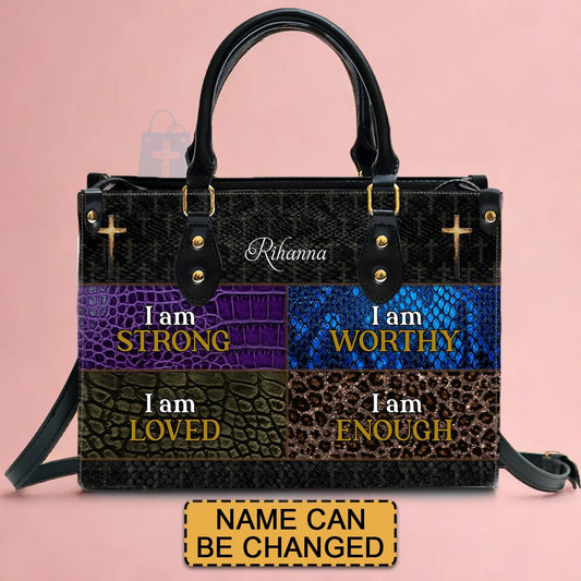 CHRISTIANARTBAG Personalized Leather Handbag - I Am Strong , I Am Loved , I Am Worthy , I Am Enough - CABLTHB02250424.