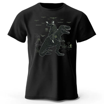 CHRISTIANARTBAG Tech-Minimalist Jesus Riding Dinosaur T-Shirt - Urban Utility Graphic Tee