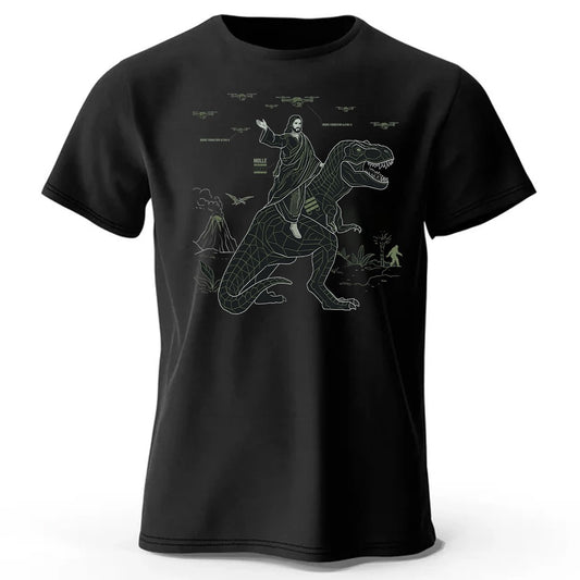 CHRISTIANARTBAG Tech-Minimalist Jesus Riding Dinosaur T-Shirt - Urban Utility Graphic Tee