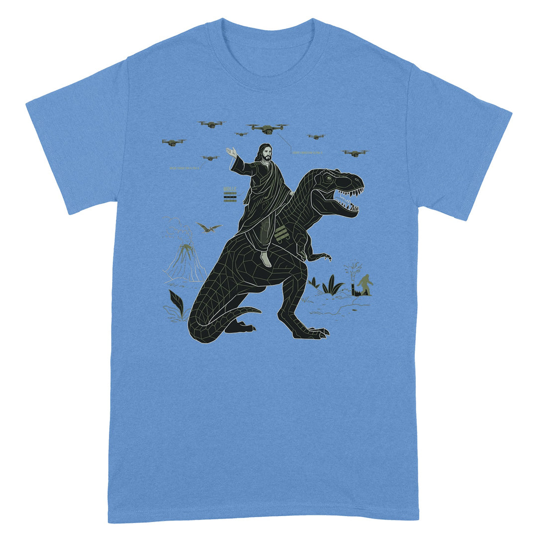 CHRISTIANARTBAG Tech-Minimalist Jesus Riding Dinosaur T-Shirt - Urban Utility Graphic Tee