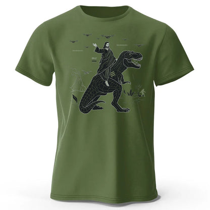 CHRISTIANARTBAG Tech-Minimalist Jesus Riding Dinosaur T-Shirt - Urban Utility Graphic Tee