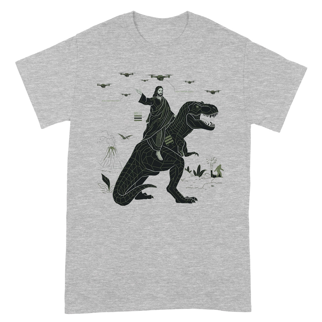 CHRISTIANARTBAG Tech-Minimalist Jesus Riding Dinosaur T-Shirt - Urban Utility Graphic Tee
