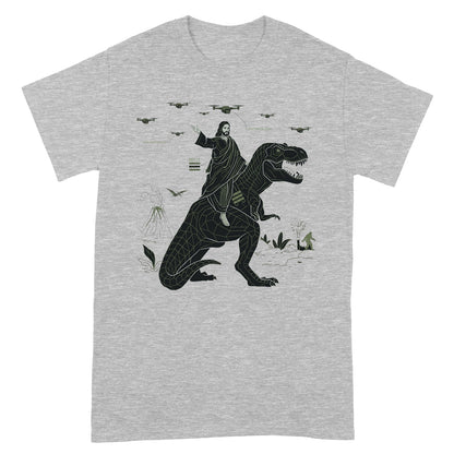 CHRISTIANARTBAG Tech-Minimalist Jesus Riding Dinosaur T-Shirt - Urban Utility Graphic Tee