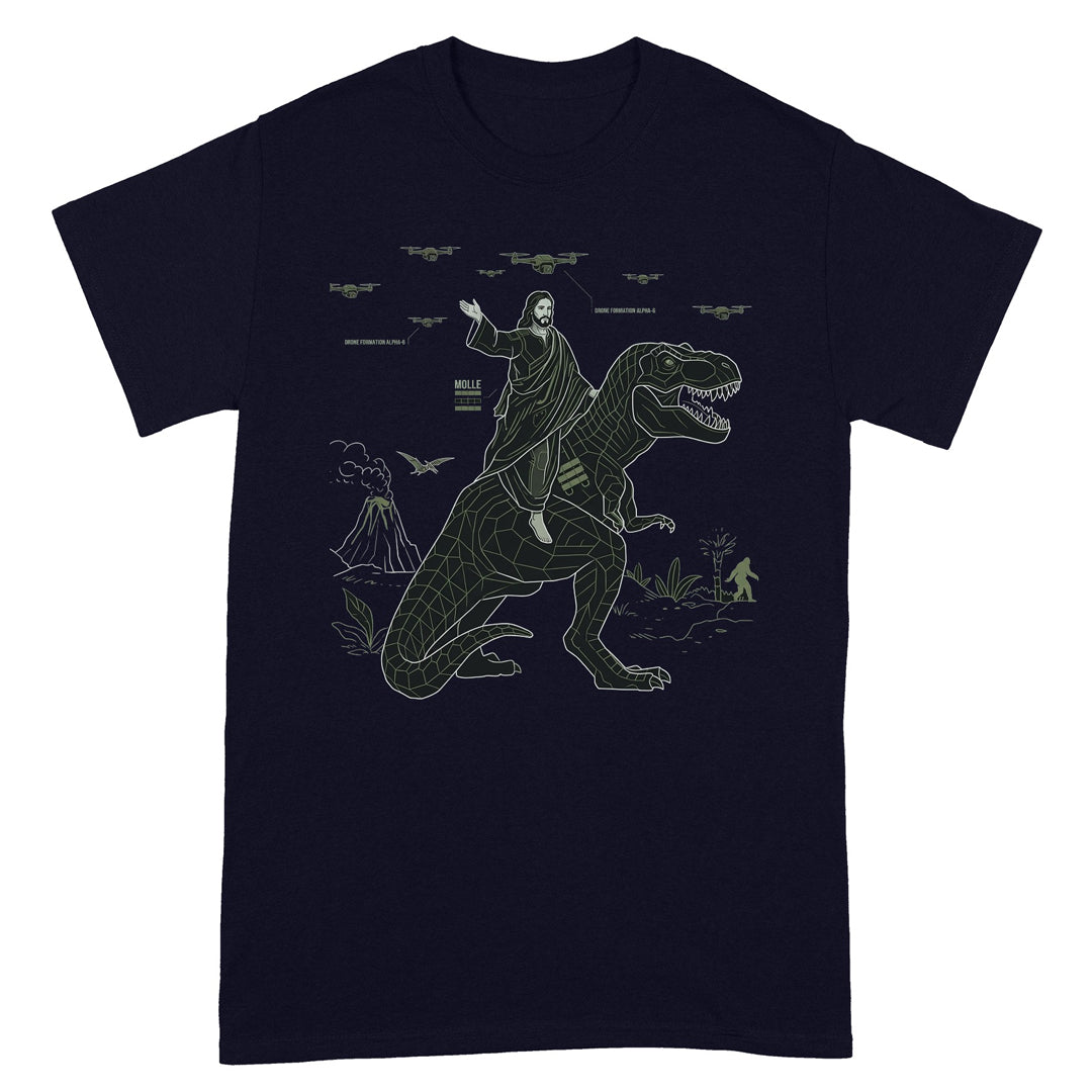 CHRISTIANARTBAG Tech-Minimalist Jesus Riding Dinosaur T-Shirt - Urban Utility Graphic Tee
