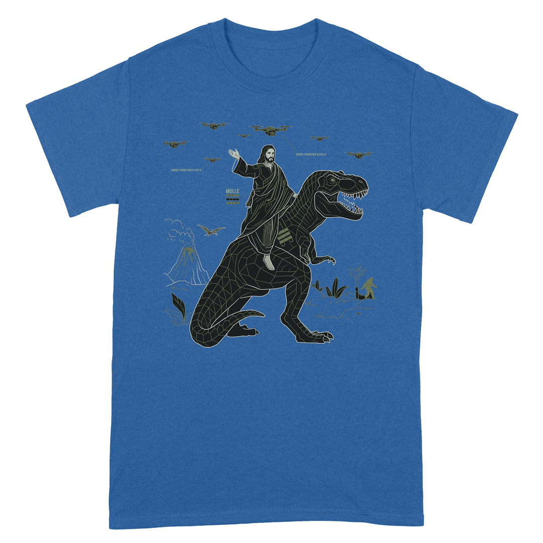 CHRISTIANARTBAG Tech-Minimalist Jesus Riding Dinosaur T-Shirt - Urban Utility Graphic Tee