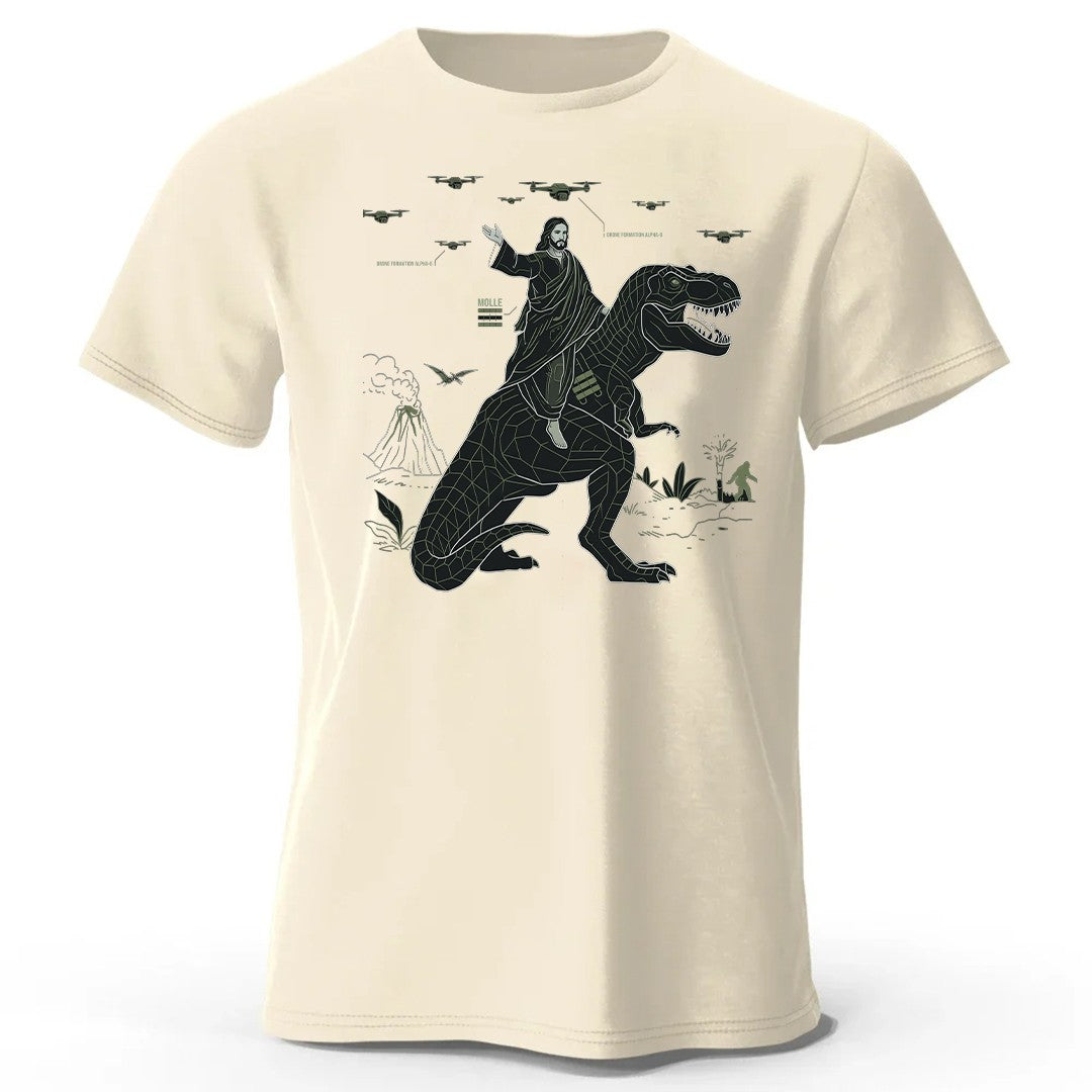 CHRISTIANARTBAG Tech-Minimalist Jesus Riding Dinosaur T-Shirt - Urban Utility Graphic Tee